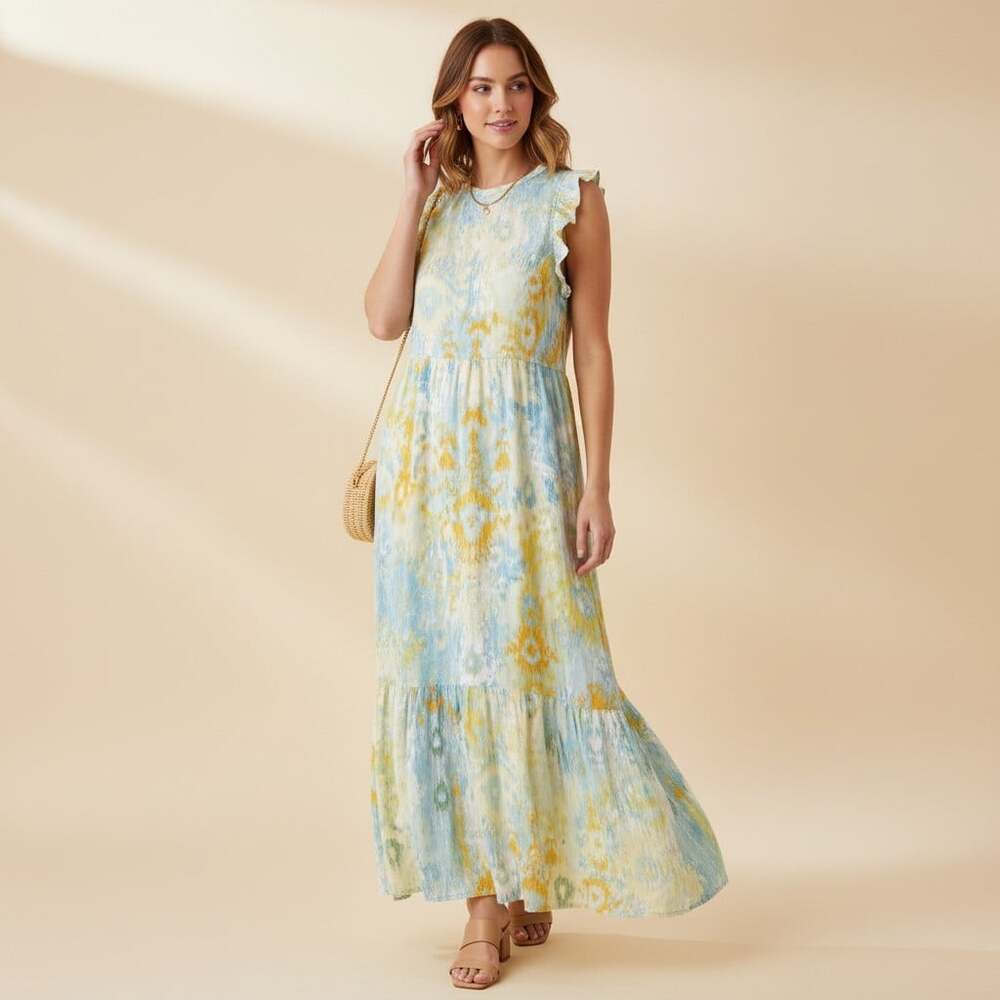 Denim & Co. Canyon Retreat Watercolor Sleeveless Ruffle Small Wedding Guest